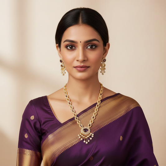 24K Gold Plated Purple CZ Designer Necklace Set with Earrings 