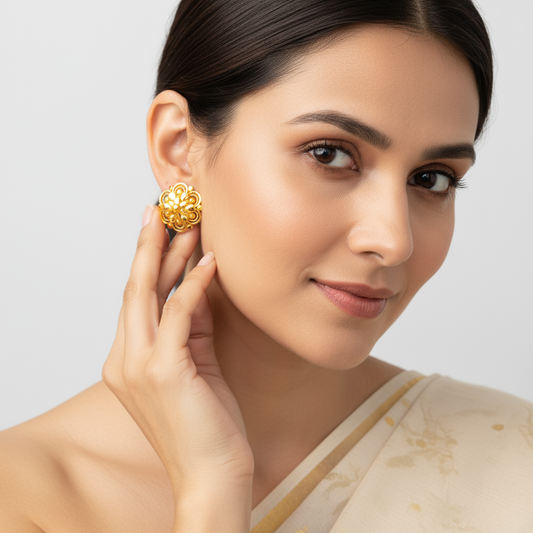 24K Gold Plated Round Stud Earrings for Women 