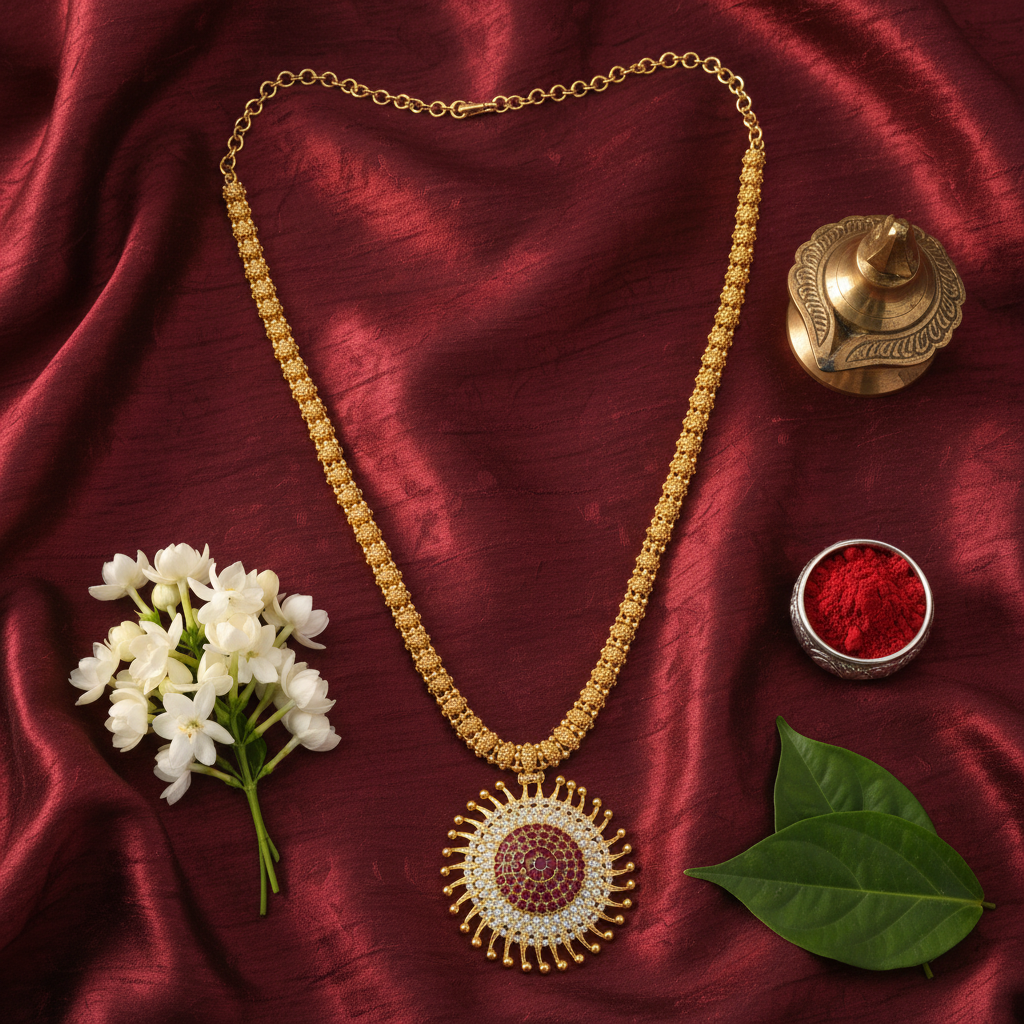 24K Gold Plated Ruby Sun Pendant Long Haram Necklace Set