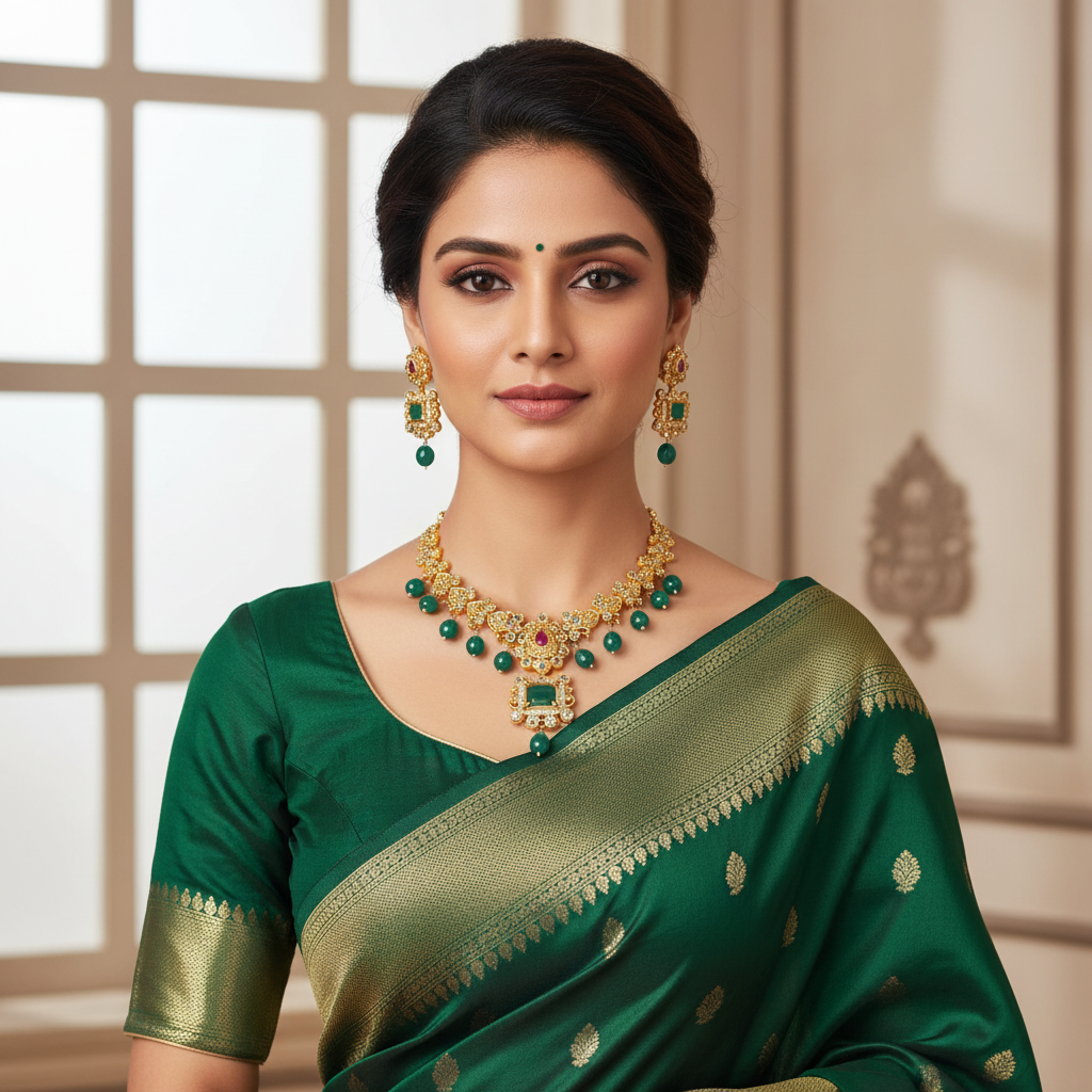 24K Gold Plated Uncut Diamond Necklace Set with Ruby Emerald 
