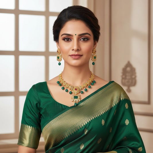 24K Gold Plated Uncut Diamond Necklace Set with Ruby Emerald 