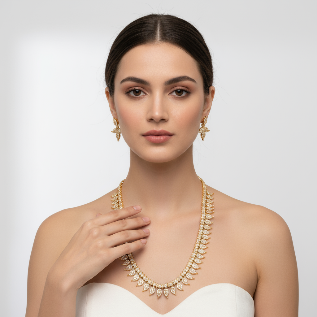 24K Gold Plated Zircon Long Necklace Set - South Indian Traditional Design