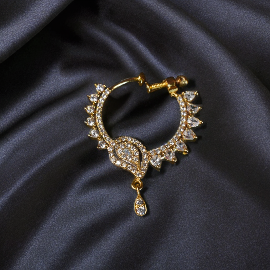 24K Gold Plated Zircon South Indian Nose Ring - Left Side (No Piercing Required)