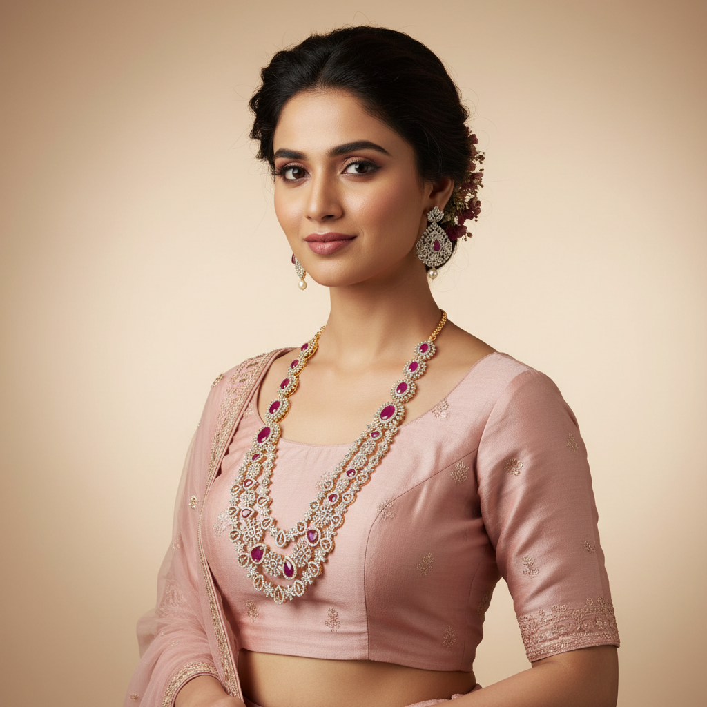 3-Layered CZ Diamond & Ruby Long Haram Necklace Set | 26 Inch 24K Gold Plated Bridal Jewelry