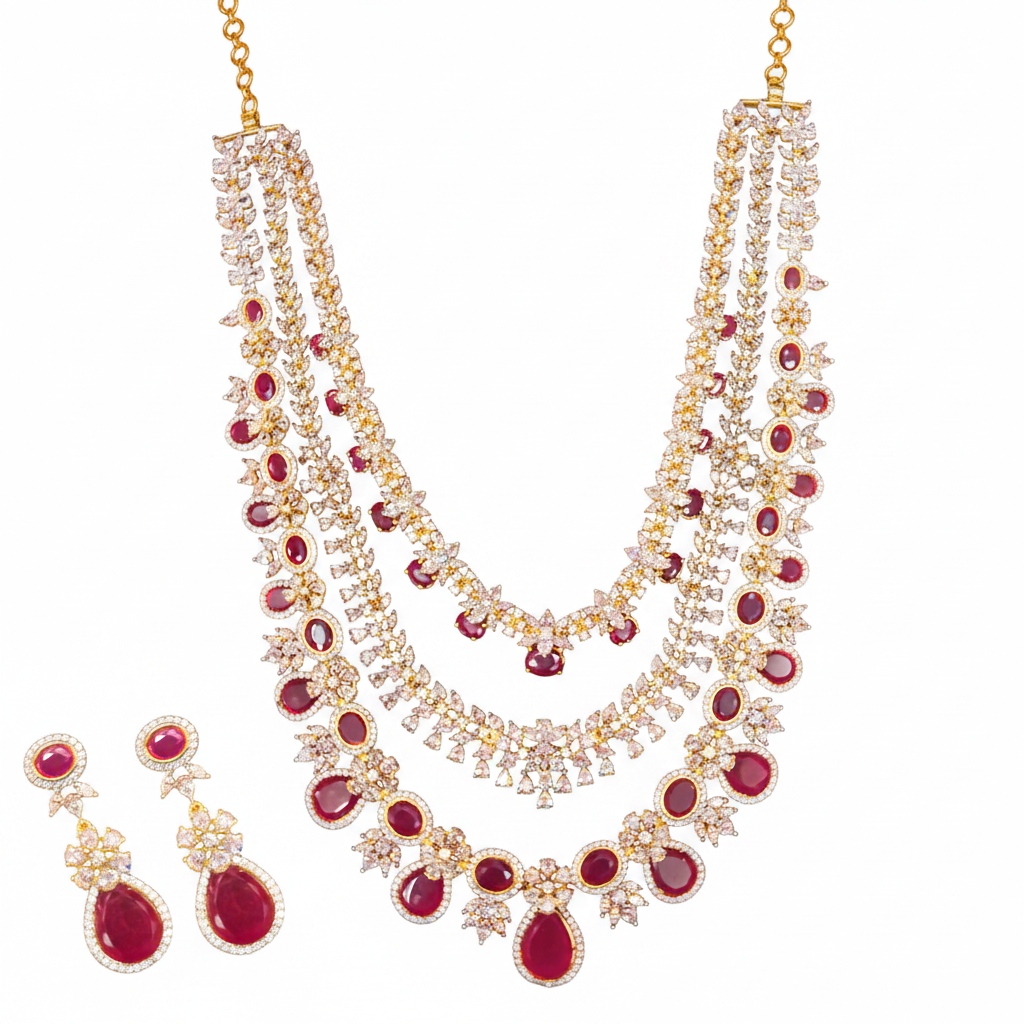 3-Layered Ruby Haram Necklace Set - White Background