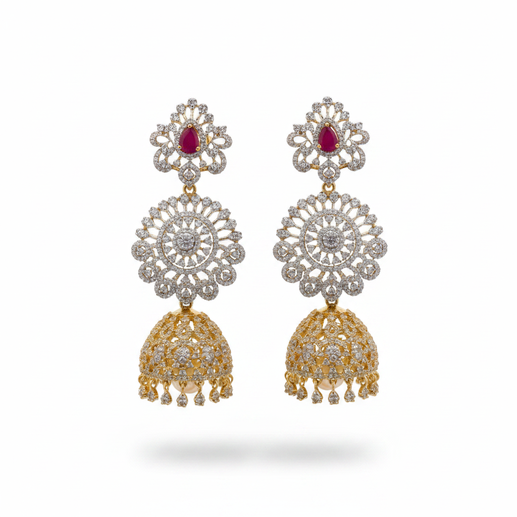 3-Tier Diamond Jhumka - White Background