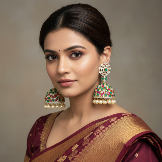 360° Rotating CZ Ruby Emerald Jhumka