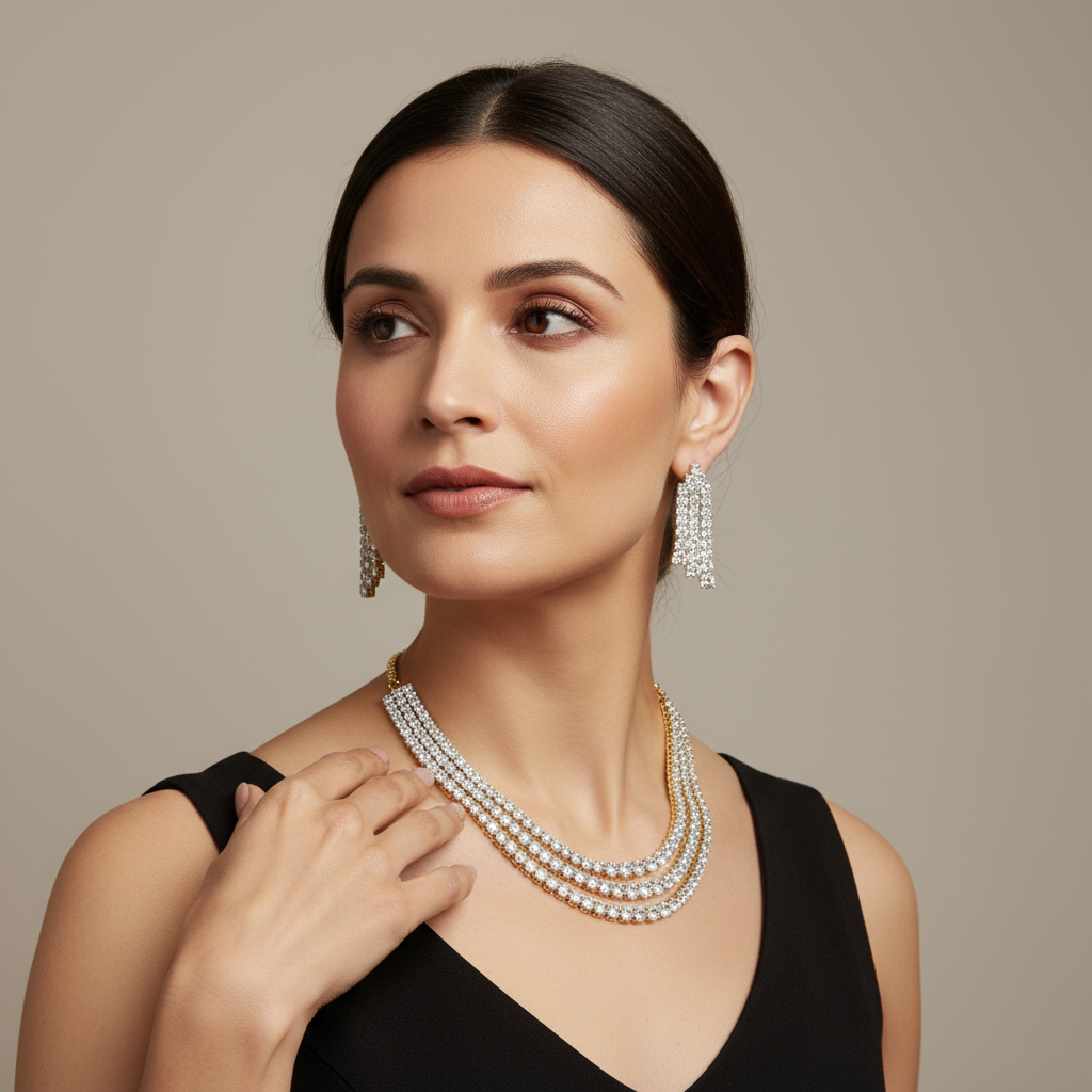 3 Layer Crystal Clear Solitaire Diamond Look Rhodium-Gold Double Tone Zircon Necklace Set with Earrings