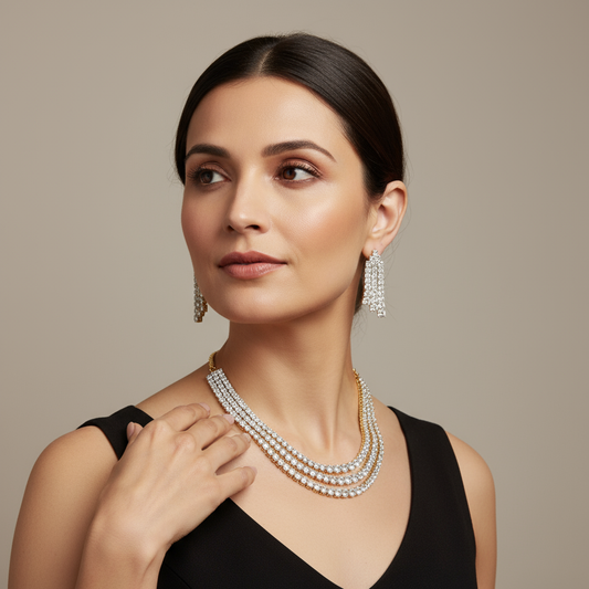 3 Layer Crystal Clear Solitaire Diamond Look Rhodium-Gold Double Tone Zircon Necklace Set with Earrings