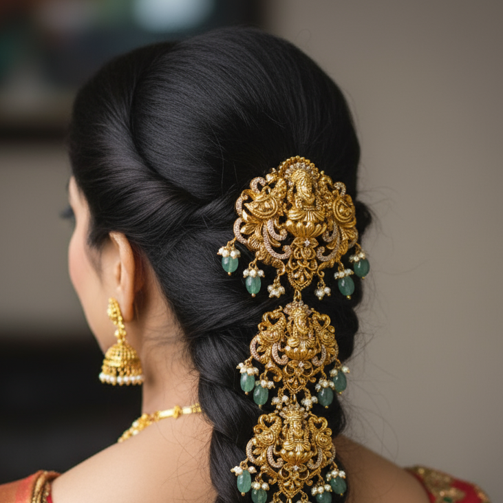 3 Pieces Jada Billalu - Temple Finish Hair Jewellery with Goddess Laxmi