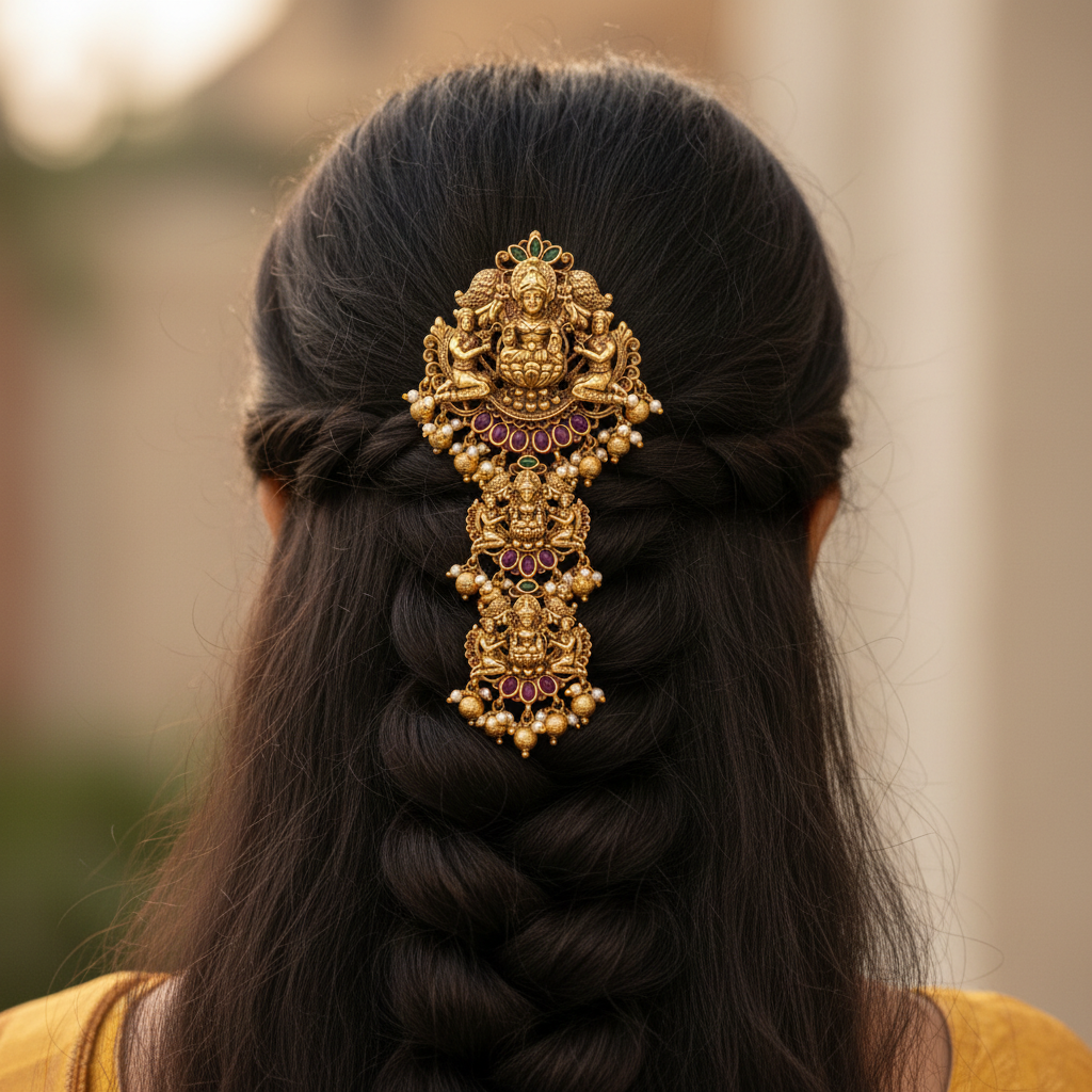 Antique Finish Jada Billa - Traditional Temple Jewelry Hair Pendant