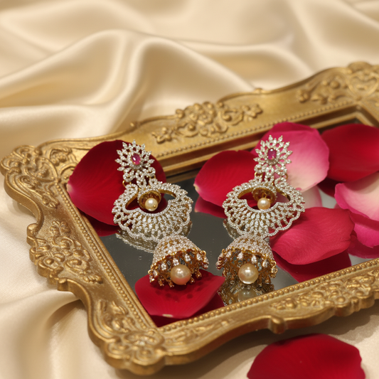 4-in-1 Detachable American Diamond Jhumka Earrings - Gold Plated Traditional Indian Jewelry
