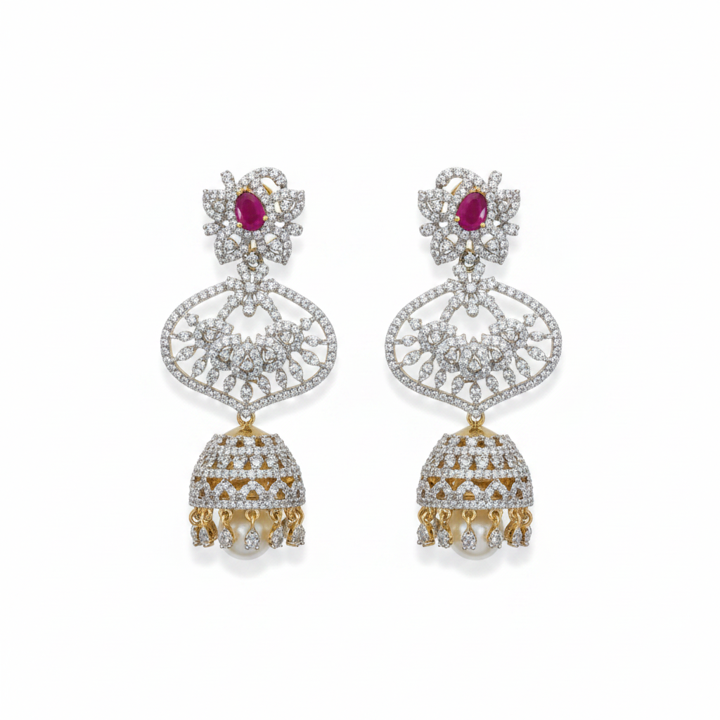 4-in-1 Detachable American Diamond Jhumka Earrings - Gold Plated Traditional Jewelry