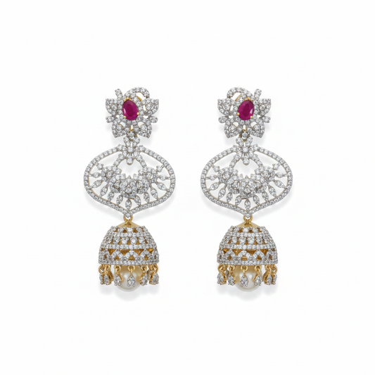 4-in-1 Detachable American Diamond Jhumka Earrings - Gold Plated Traditional Jewelry