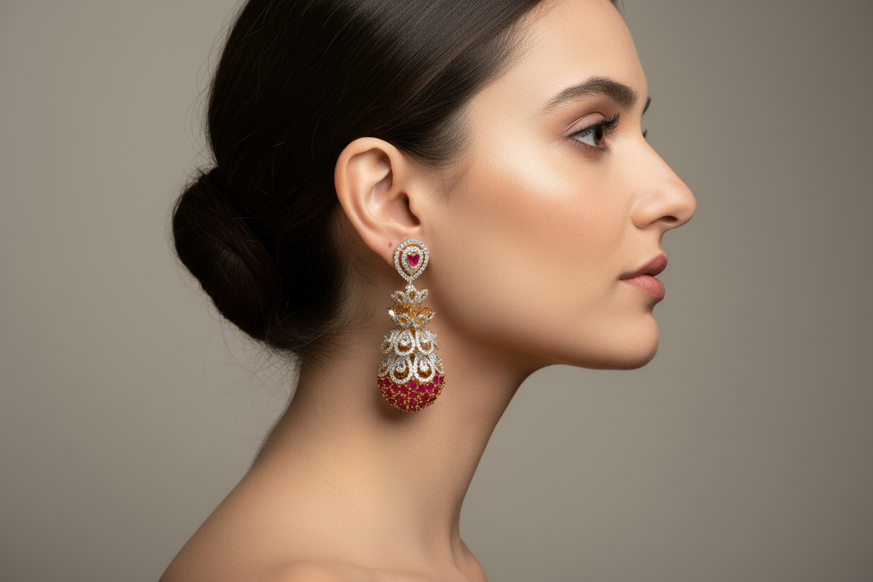 American Diamond Jhumki Earrings - 24K Gold Plated Traditional Indian Jewelry