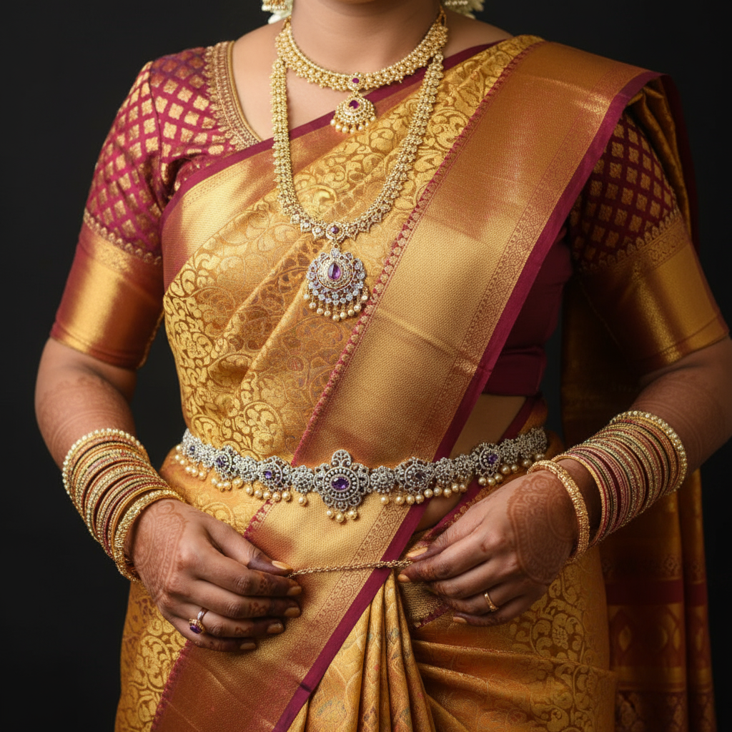 Zircon Rhodium-Gold Double Tone Diamond Look Chain Vaddanam for Bride