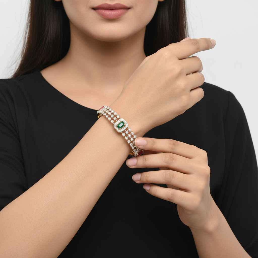 American Diamond Bangles with Ruby Emerald - 24K Gold Plated Set