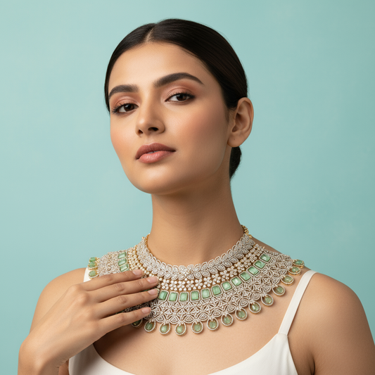 Pastel Green American Diamond Bridal Choker Set with Maang Tikka - 24K Gold