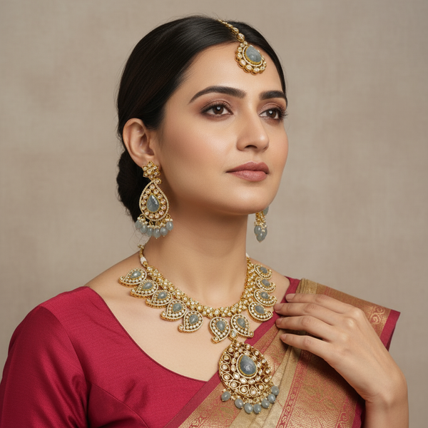 Pastel Green Kundan Mango Necklace - Traditional Indian Jewelry Set