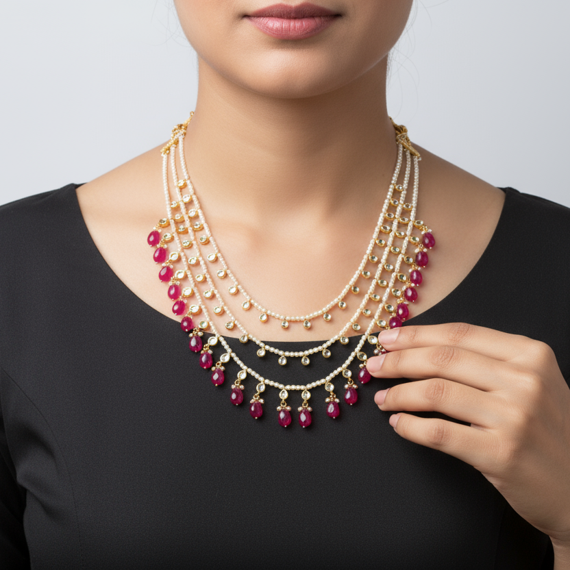 Tanzanite Polki Three Layer Haar Necklace | Asp Fashion Jewellery