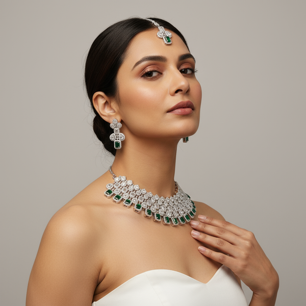 CZ Choker Set with Emerald Ruby - White Rhodium Plated Bridal Necklace