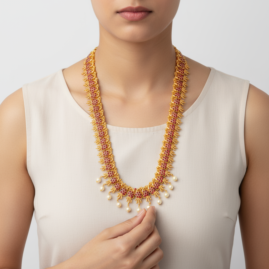 Antique Finish Peacock Long Haram - Traditional South Indian Necklace