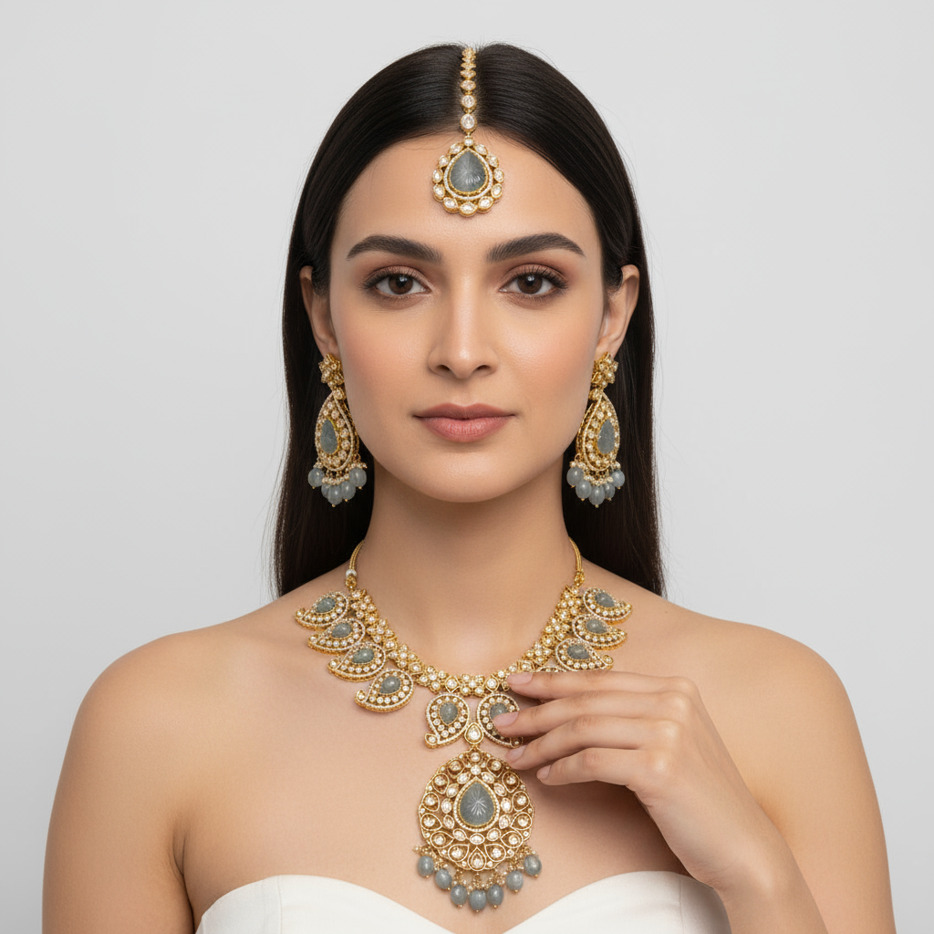 Pastel Green Kundan Mango Necklace - Traditional Indian Jewelry Set