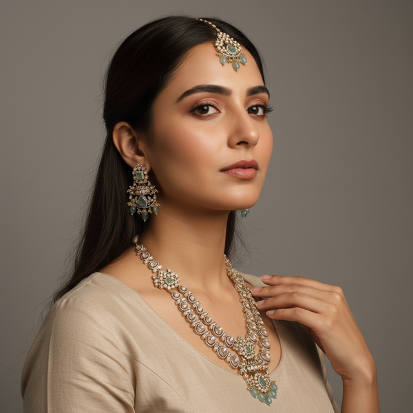 Double Layer Polki Moissanite Kundan Necklace Set - Traditional Indian Bridal Jewelry