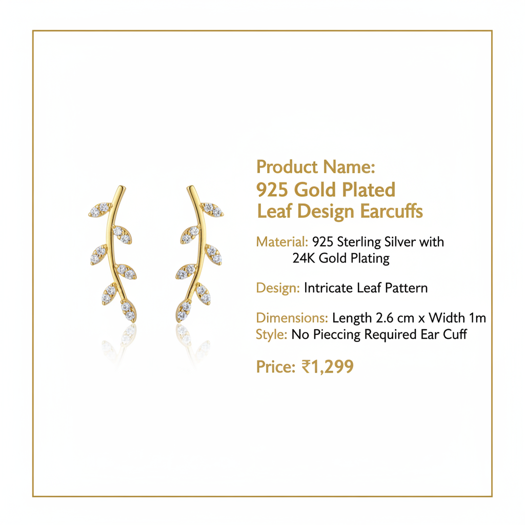 925 Gold Plated Leaf Design Earcuffs with Specifications