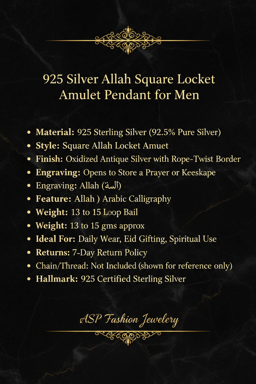 925 Silver Allah Square Locket Amulet Pendant Info Card