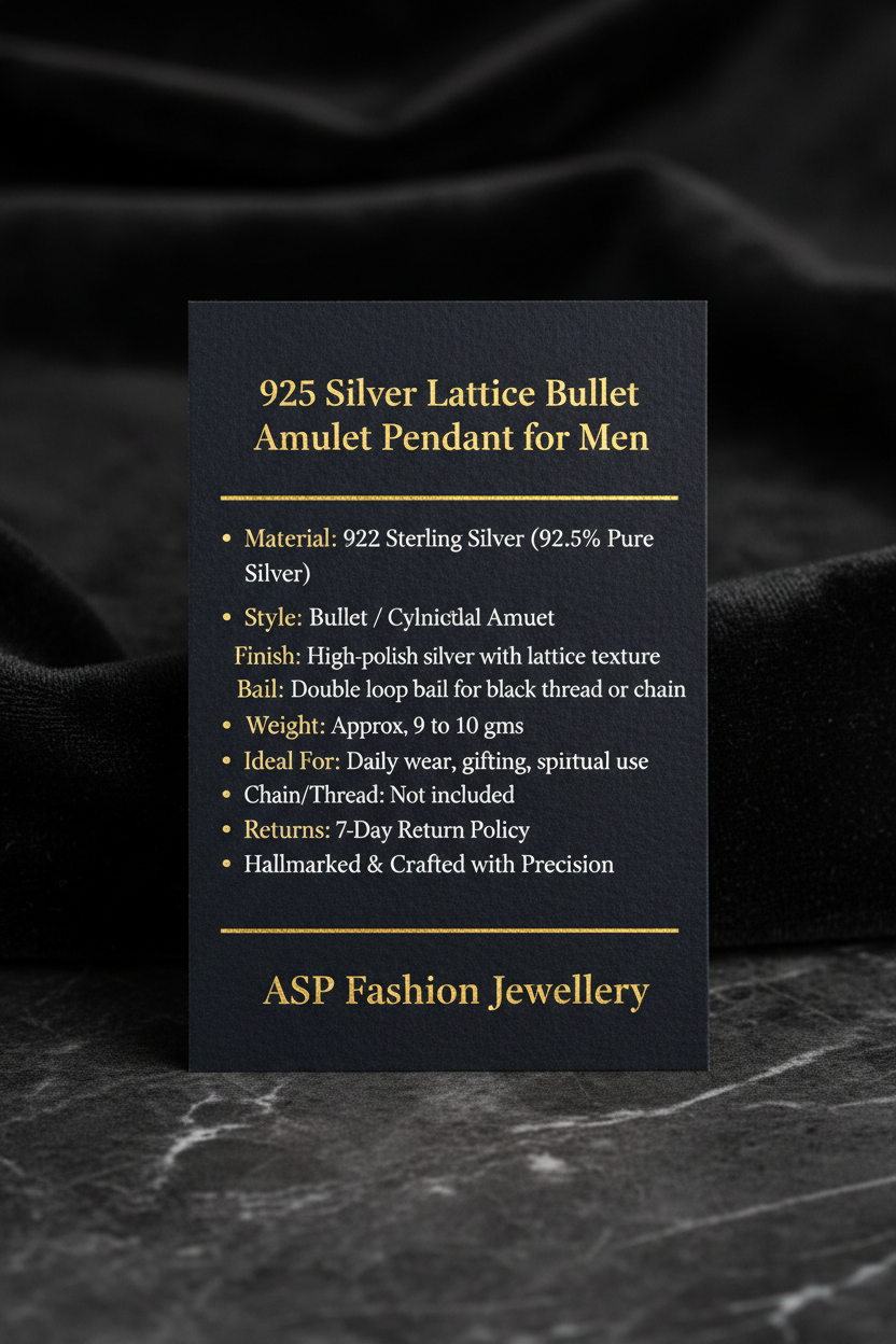925 Silver Lattice Bullet Amulet Pendant Info Card