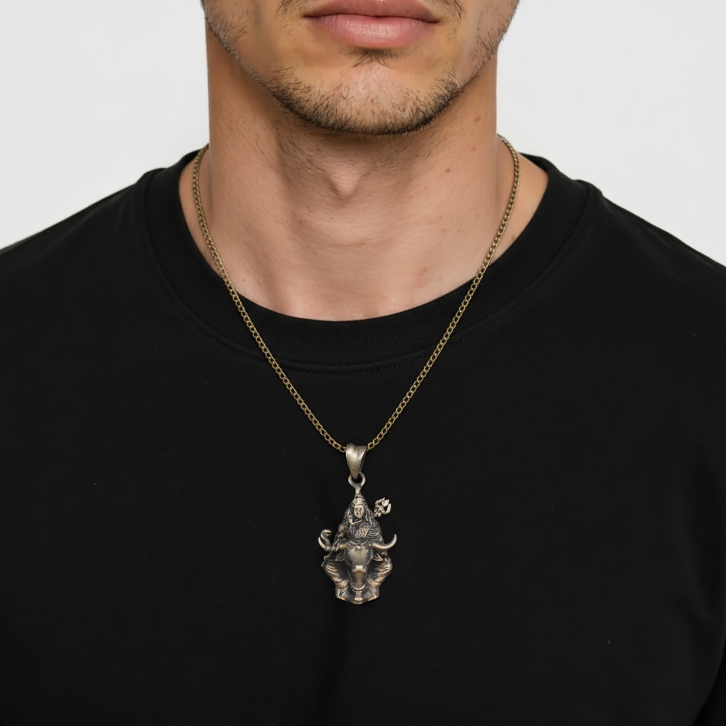 925 Silver Antique Lord Shiva with Nandi Pendant for Men
