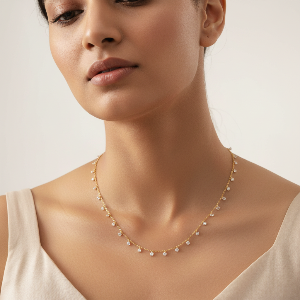 925 Silver Gold Plated Crystal Droplet Chain Necklace