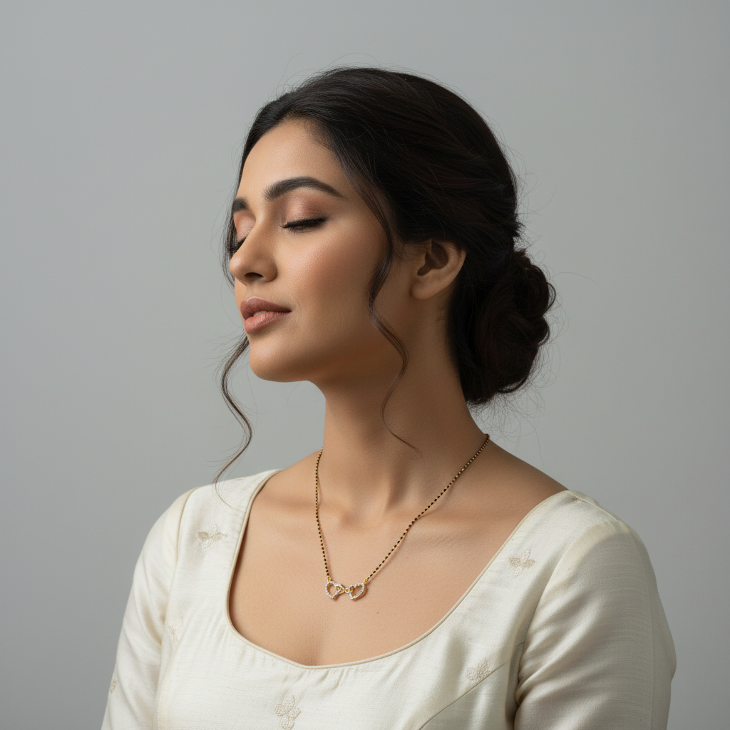925 Silver Gold Plated Heart Pendant Mangalsutra - Model Wearing