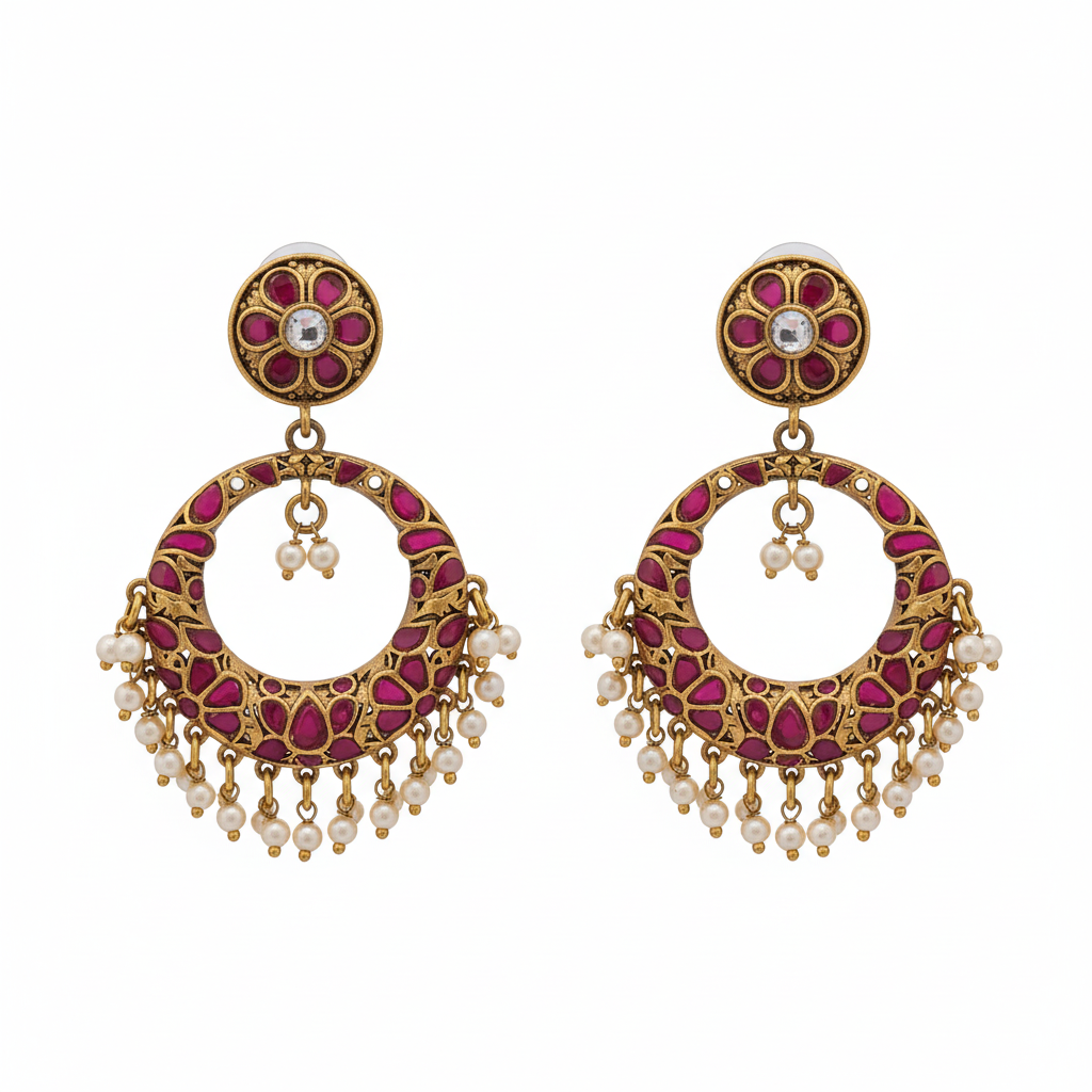 925 Silver Jadau Kundan Chandbali Earrings