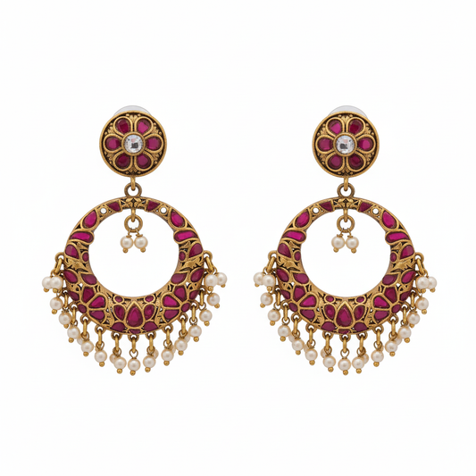 925 Silver Jadau Kundan Chandbali Earrings