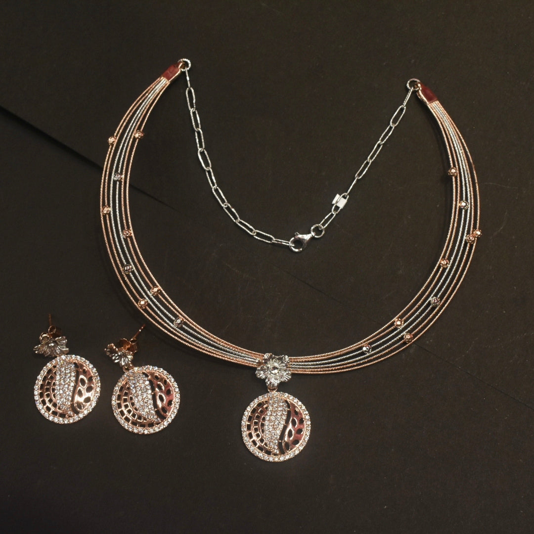 925 Silver Rose Gold Blossom Kantey Necklace Set with Matching Screw Earrings