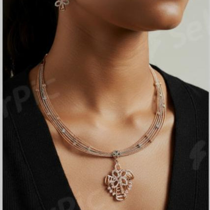 925 Silver Rose Gold Blossom Kantey Necklace Set with Matching Screw Earrings