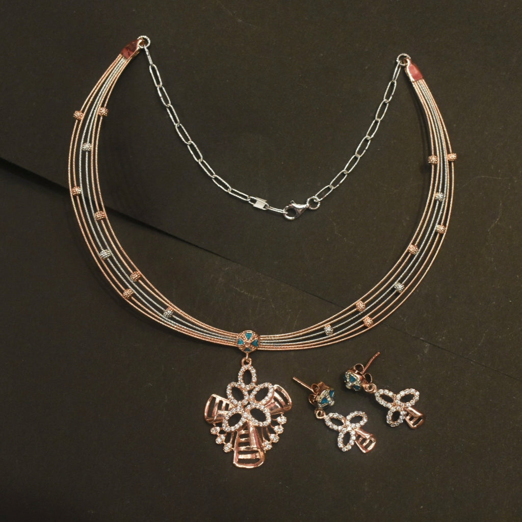 925 Silver Rose Gold Blossom Kantey Necklace Set with Matching Screw Earrings