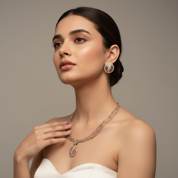 925 Silver Rose Gold Blossom Kantey Necklace Set with Matching Screw Earrings