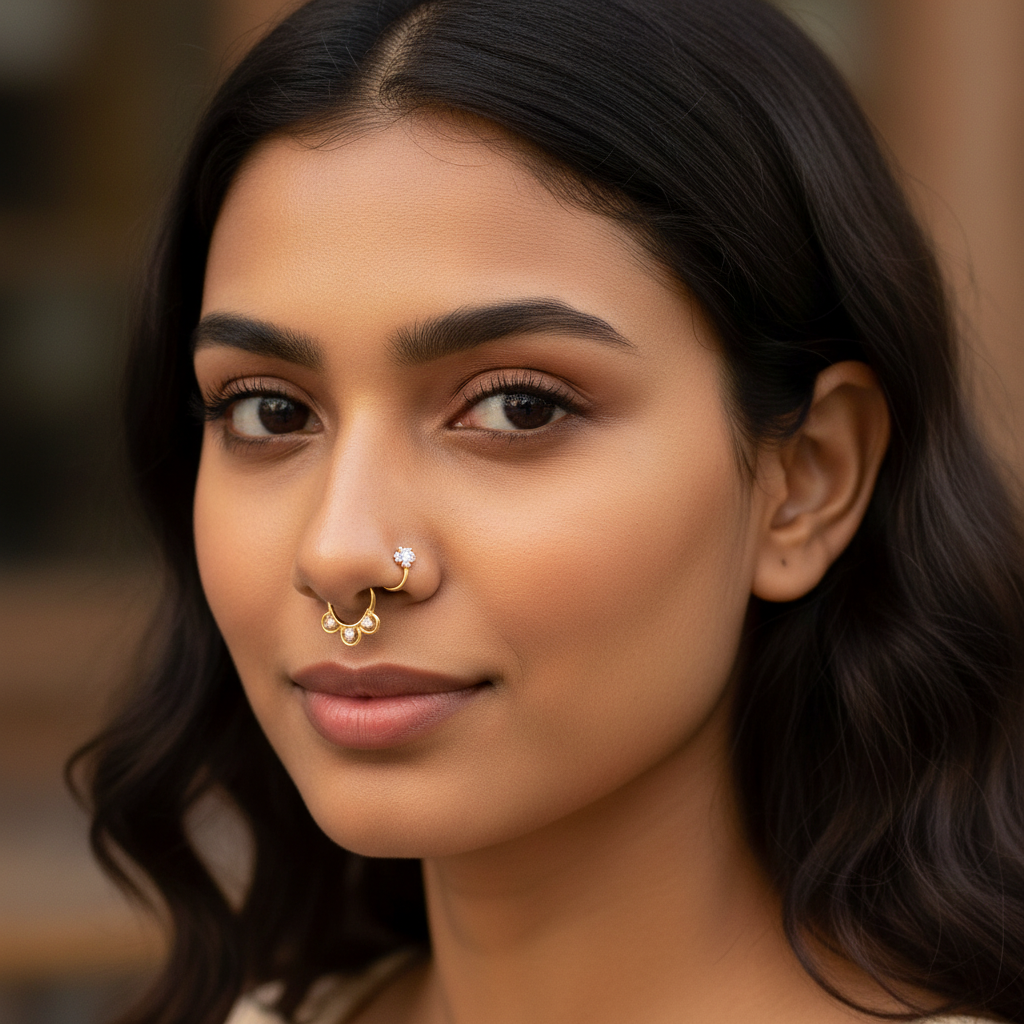 925 Silver Zircon Septum Nose Pin - 24K Gold Plated