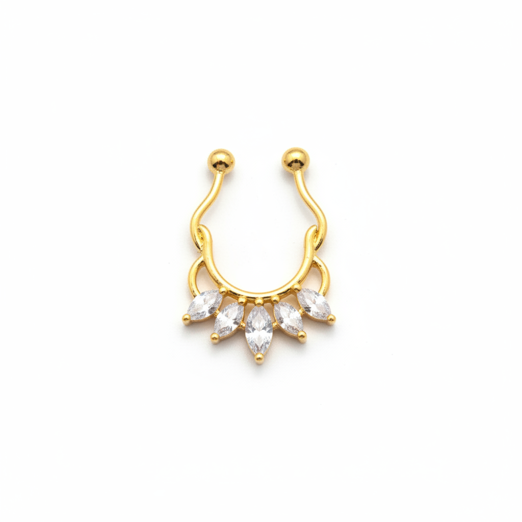 925 Sterling Silver Septum Nose Pin with Marquise CZ Stones - 24K Gold Plated