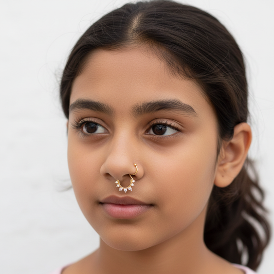 925 Sterling Silver Septum Nose Pin with Pear CZ Stones - 24K Gold Plated
