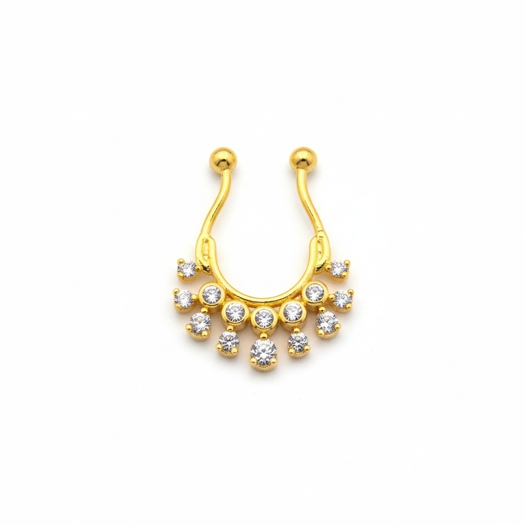 925 Sterling Silver Septum Nose Pin with Round CZ Chandelier - 24K Gold Plated