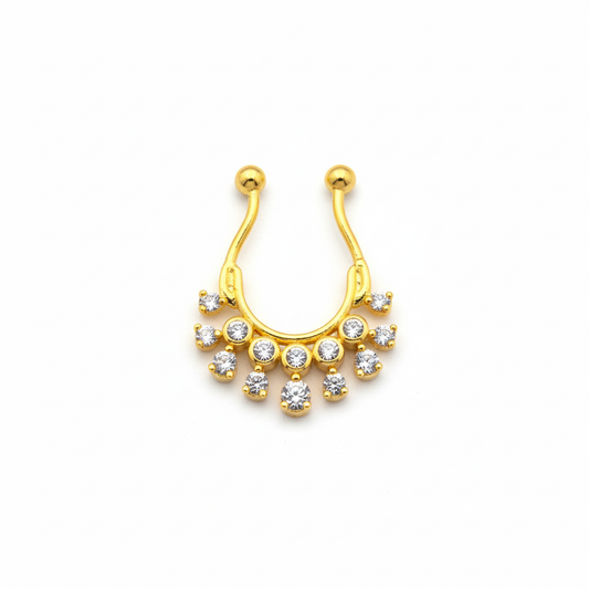 925 Sterling Silver Septum Nose Pin with Round CZ Chandelier - 24K Gold Plated