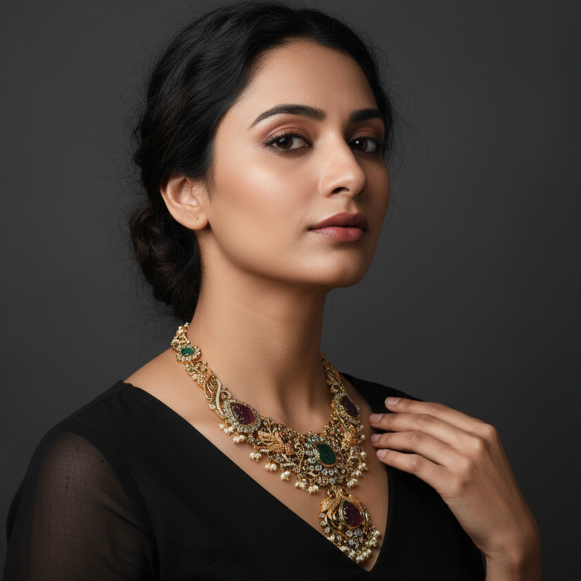 Traditional Pachi Bridal Haar - Ruby CZ Stones Long Necklace Set