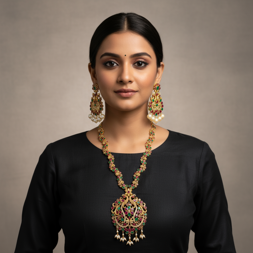 Uncut Diamond Long Necklace Set - 24K Gold Ruby Emerald Wedding Haram