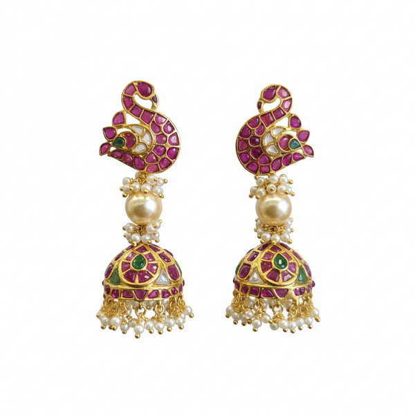 Peacock Kempu Kundan Jhumka with Pearl Drop
