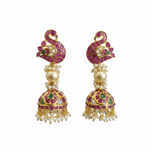 Peacock Kempu Kundan Jhumka with Pearl Drop