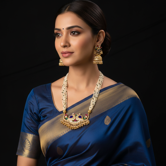 Ahmedabadi Kundan Pendant Set | 24K Gold Plated Necklace with Jhumka Earrings